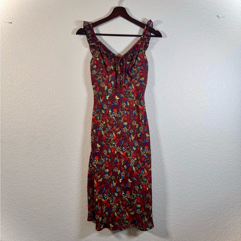 Simple Retro Romantic Floral Red Sleeveless Midi Dress XS
